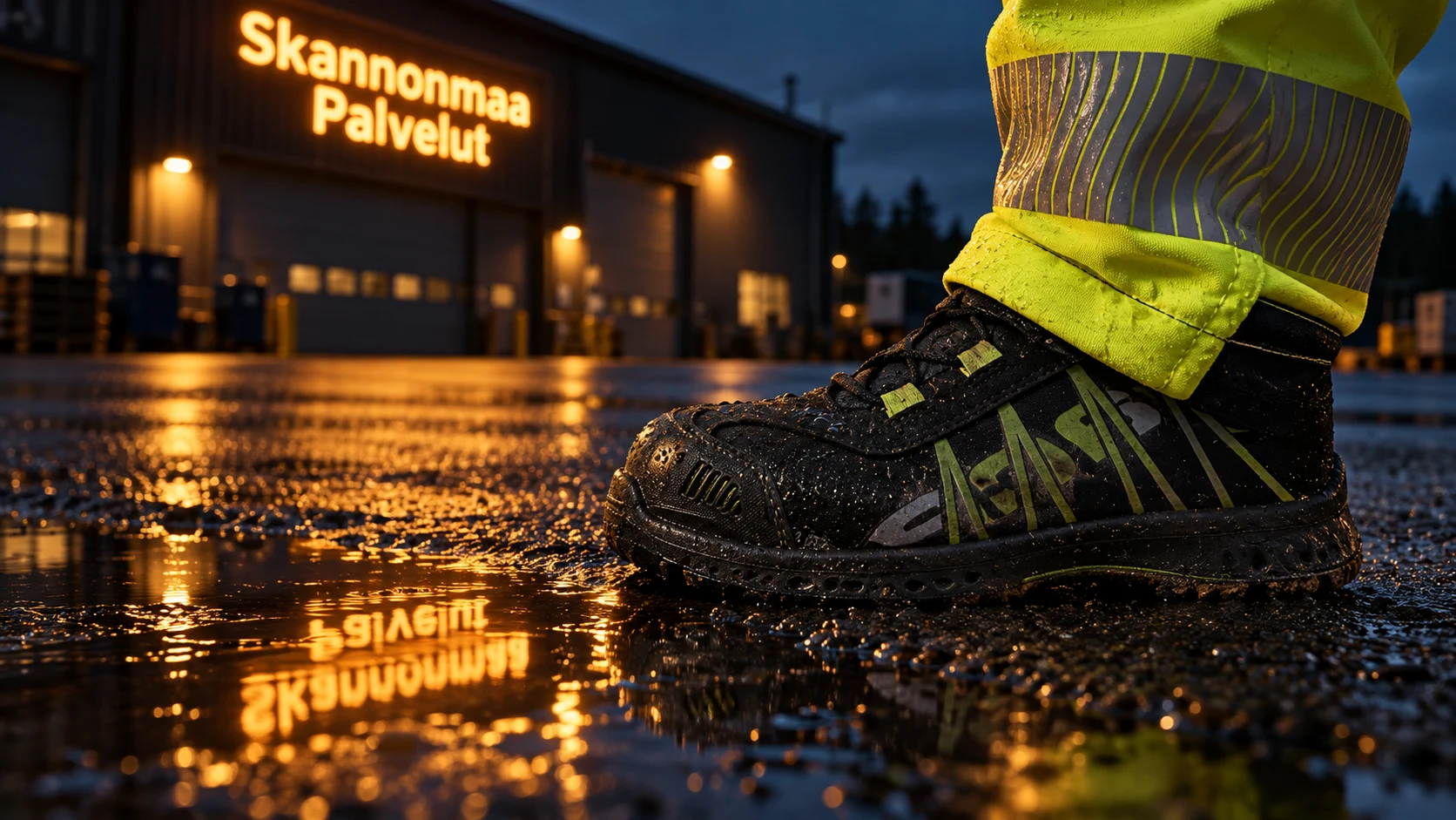 Turvakenkä märällä iltapihalla. Skannonmaa Palvelut -valokyltti heijastuu lammikosta.